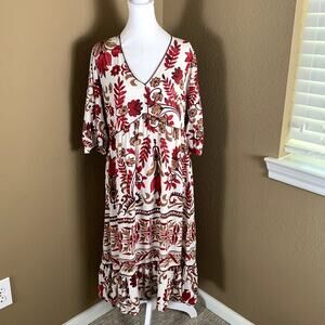 Fig + Flower Boho Floral Midi Dress Large Red Cream Peasant V-Neck Flowy